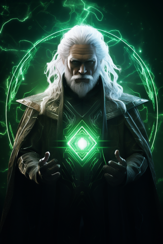 Beardless warrior in futuristic robe with forcefield and green lightning