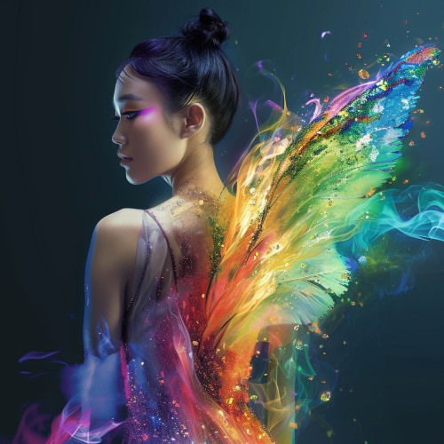 Asian girl with colorful crystal dress and smoke wings