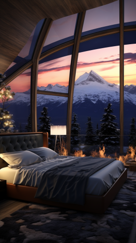 Bedroom with Snowy Mountain and Aurora Borealis View