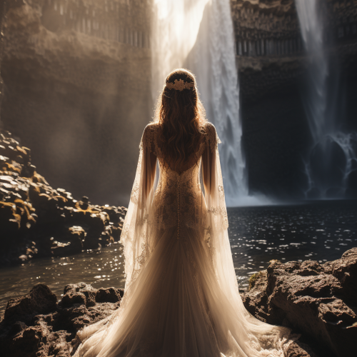 bride with white veil at waterfall