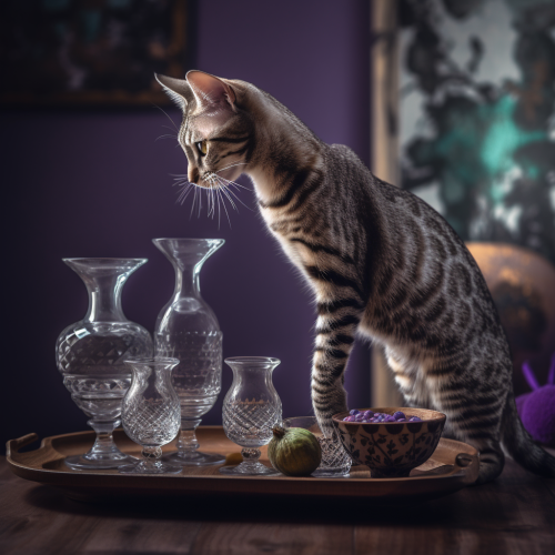 Exotic spotted cat balancing carafe on tray Exotic spotted cat balancing carafe on tray