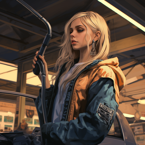 Blonde girl filling up car with fuel