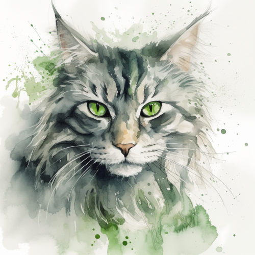 Watercolor of beautiful green-eyed cat with flowing fur