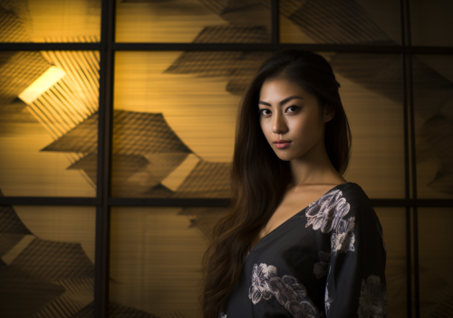 Beautiful Japanese Woman in Slip Dress Standing in front of Screen Wall