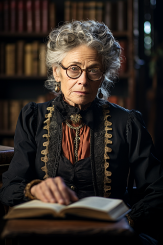 Professional middle-aged woman with glasses reading a book  ?