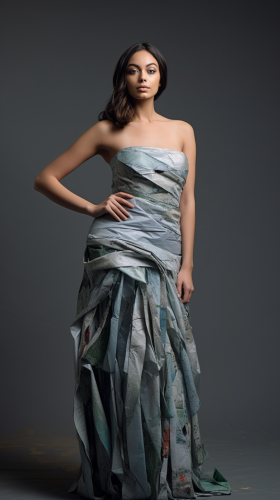 Elegant model wearing upcycled fashion Elegant model wearing upcycled fashion