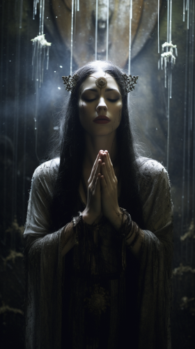 Beautiful pagan woman worshipping under moonlight