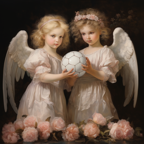 Angels holding soccer ball in Renaissance style