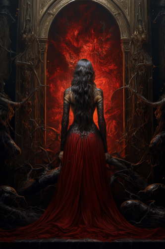 Beautiful Queen with Black Hair and Crown in Red Dress