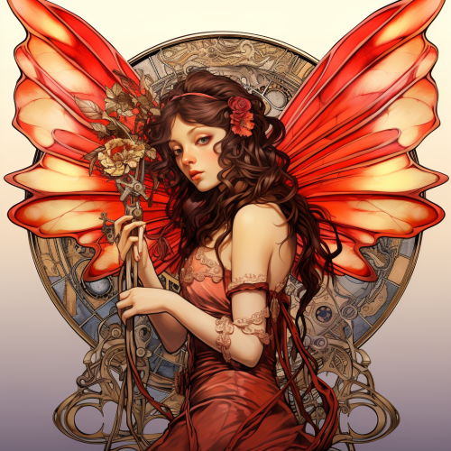 Red Angel Woman with Mechanical Dragonfly