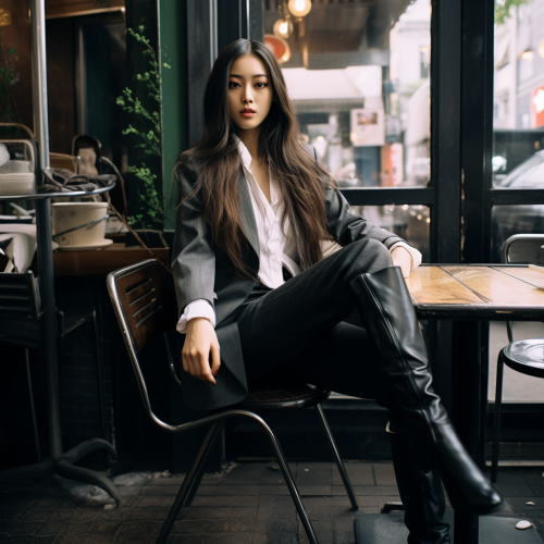 Young Japanese model wearing gloves, blazer, and leggings