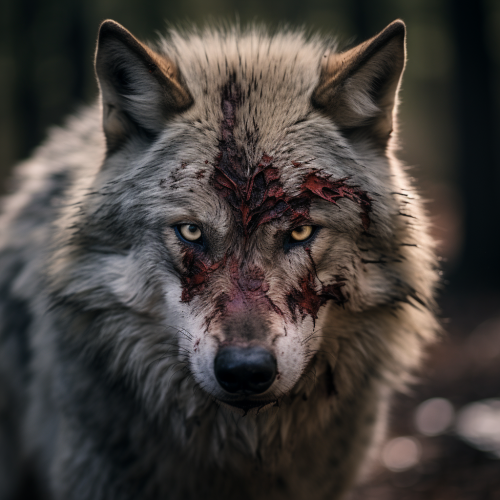 Beautiful wolf with scar in cinematic light