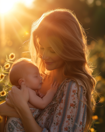 Young mother holding baby in sunlight