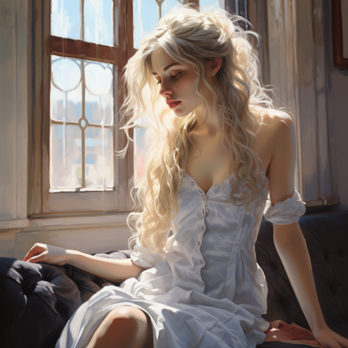 beautiful woman in 1900s apartment with sunlight