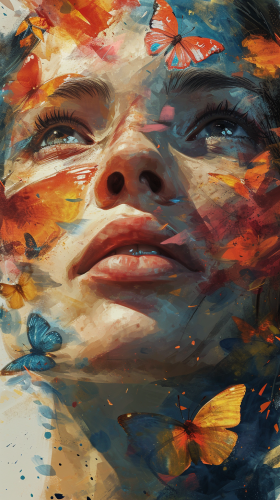 Close-up of Woman's Face with Colorful Butterflies