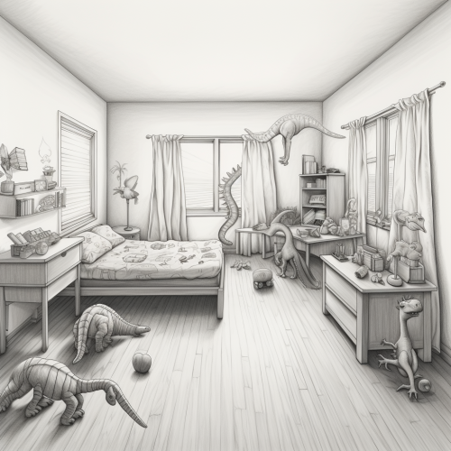 Colorful bedroom with dinosaur toys on floor