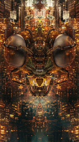 Bee's face with city reflection