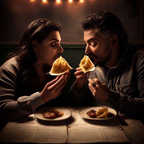 Two people savoring beef ravioli