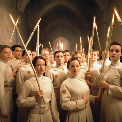 Group of people in beige uniform with magic wands