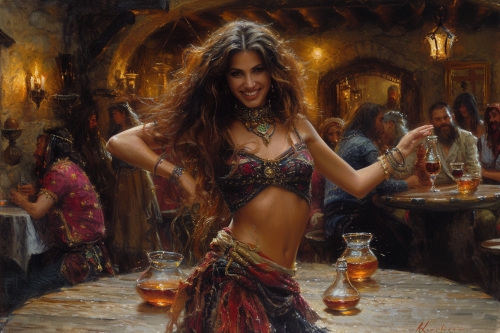 Dark Tanned Female Belly Dancer in Medieval Tavern Dark Tanned Female Belly Dancer in Medieval Tavern