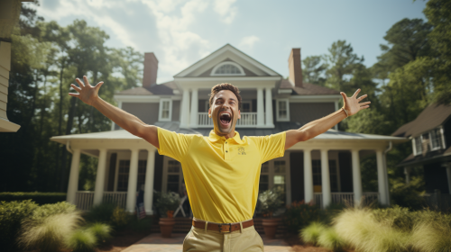 Happy man in yellow uniform celebrates football victory