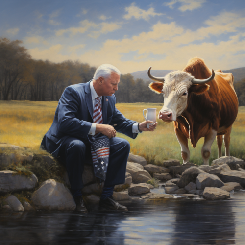 Renaissance painting of Biden milking a cow