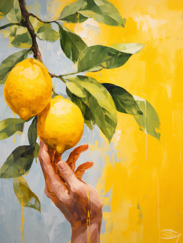 Acrylic painting of a bold lemon in a hand