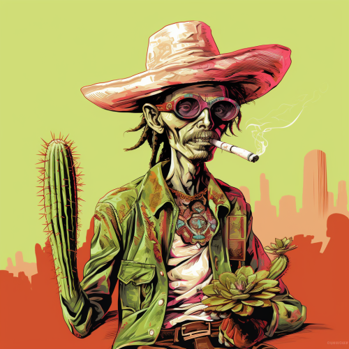 Colorful cowboy smoking weed next to a cactus