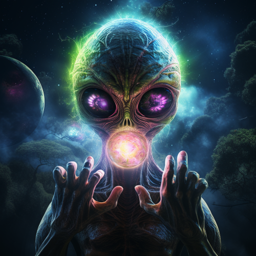 Realistic trippy alien holding moon