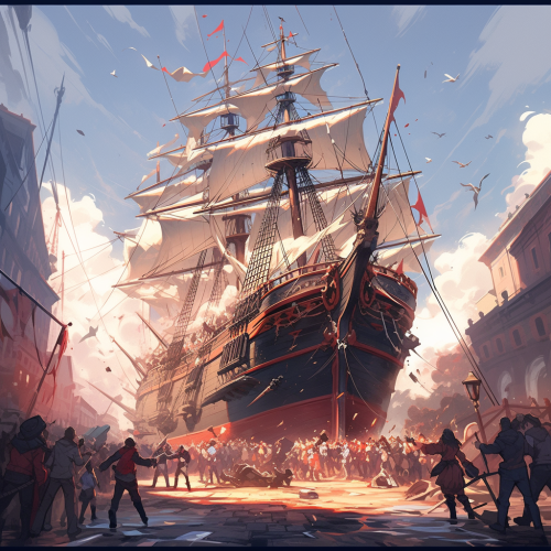 Pirate ship exploding with people on nearby dinghy