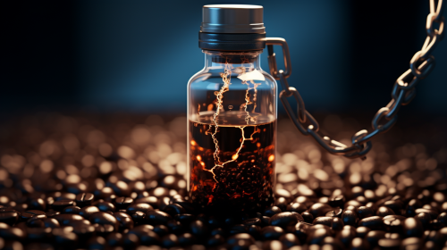 Metal bottle with stopper and chain holding coffee