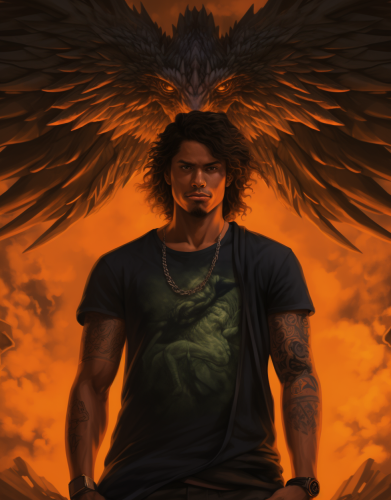 Handsome biracial man with phoenix tattoo