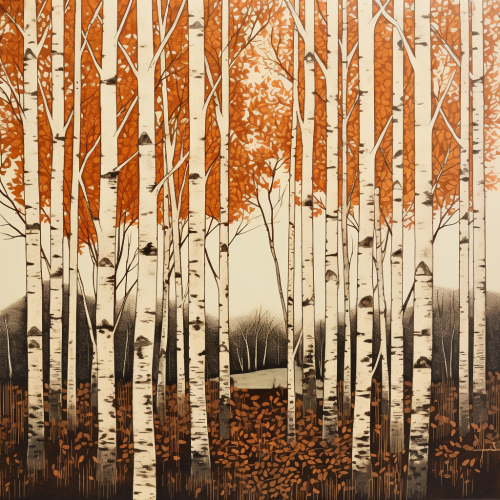 Block print of a birch tree