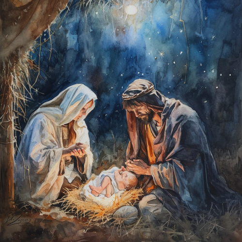 Detailed Watercolor Painting of the Birth of Jesus
