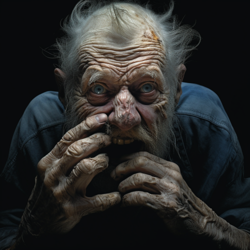 Disturbing image of old man biting fingers