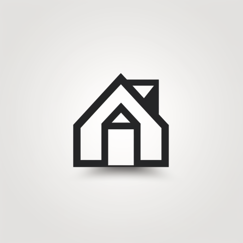 Black and white wireframe icon of a simple home