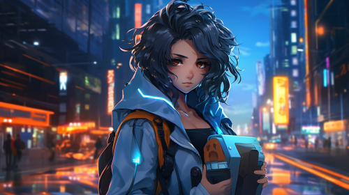 Black Asian Anime Character with Bag in Neon City