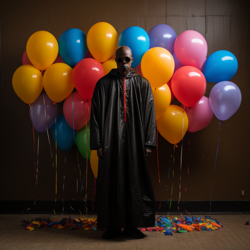 Black bald man with painted face holding balloon