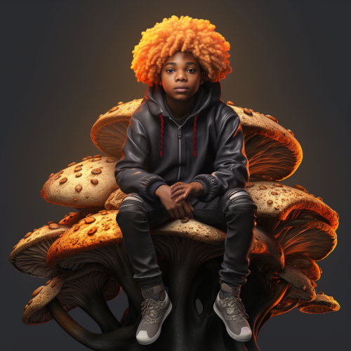 Black boy with titanium colored locs sitting on a duo tone mushroom