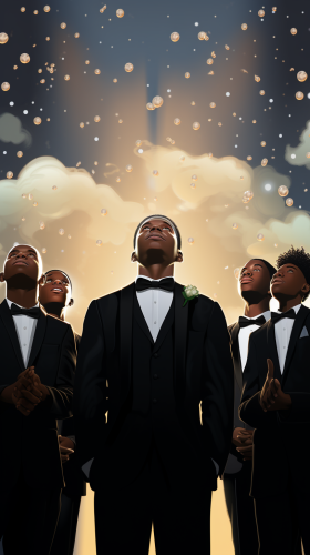 Black boy in a tuxedo looking at the sky.