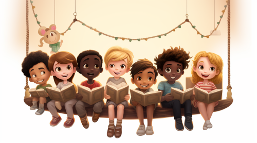 Two Children Reading Book on Bed Swing