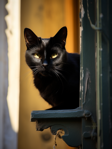 Black cat peeking through keyhole