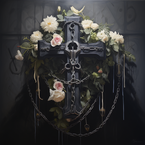Black cross with handcuffs and flower pots