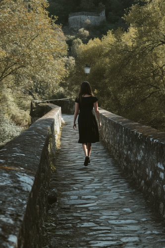 Woman in black dress walking on narrow bridge