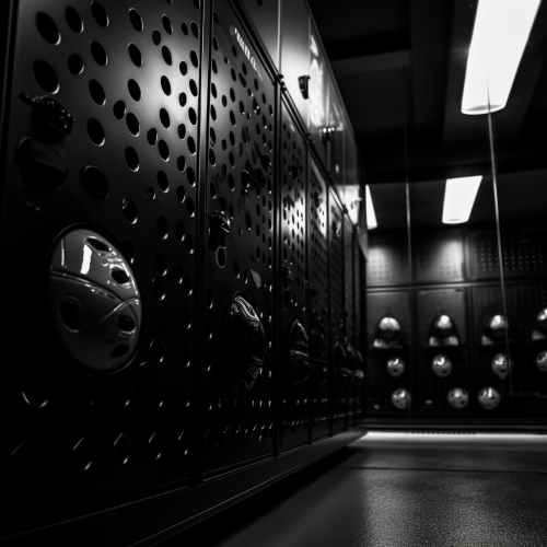 closed black football locker closeup