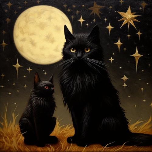 Black fur cat with COQ sitting under the moon