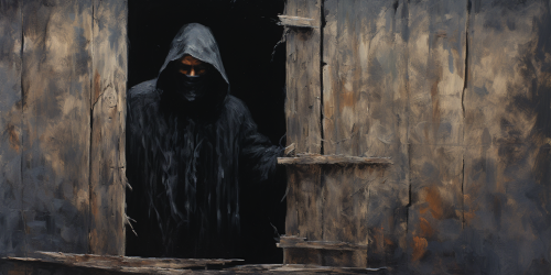 Black hooded man peeking through a destroyed wooden door
