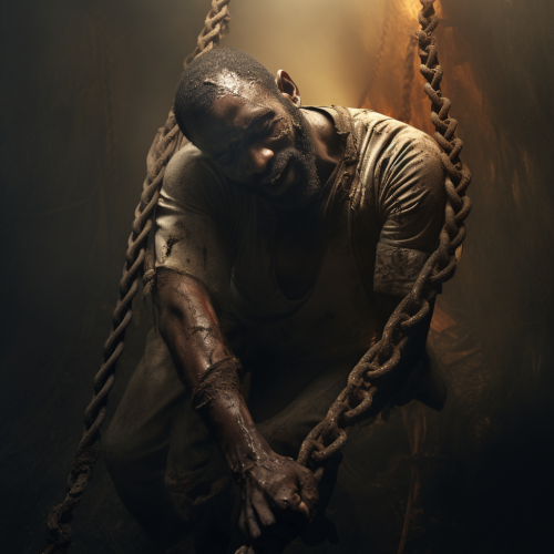 Black man struggling to climb out of a deep pit