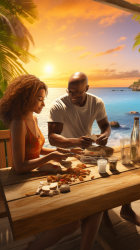 Black man and woman at table with natural supplements on tropical beach Black man and woman at table with natural supplements on tropical beach