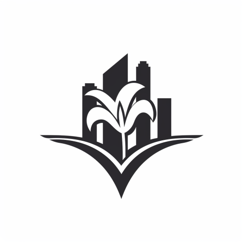 Black outline logo with combined icons of tall buildings and white lily